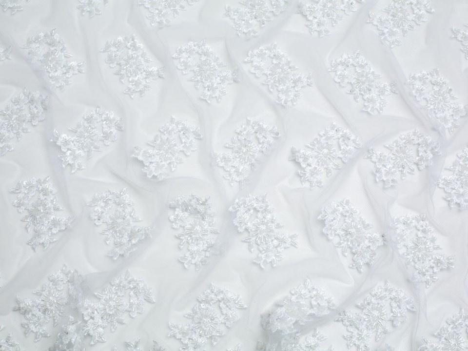 Minerva Core Range White Beaded Embroidered Tulle Lace Fabric for Bridal, Dressmaking, 137cm / 53" Wide - per metre