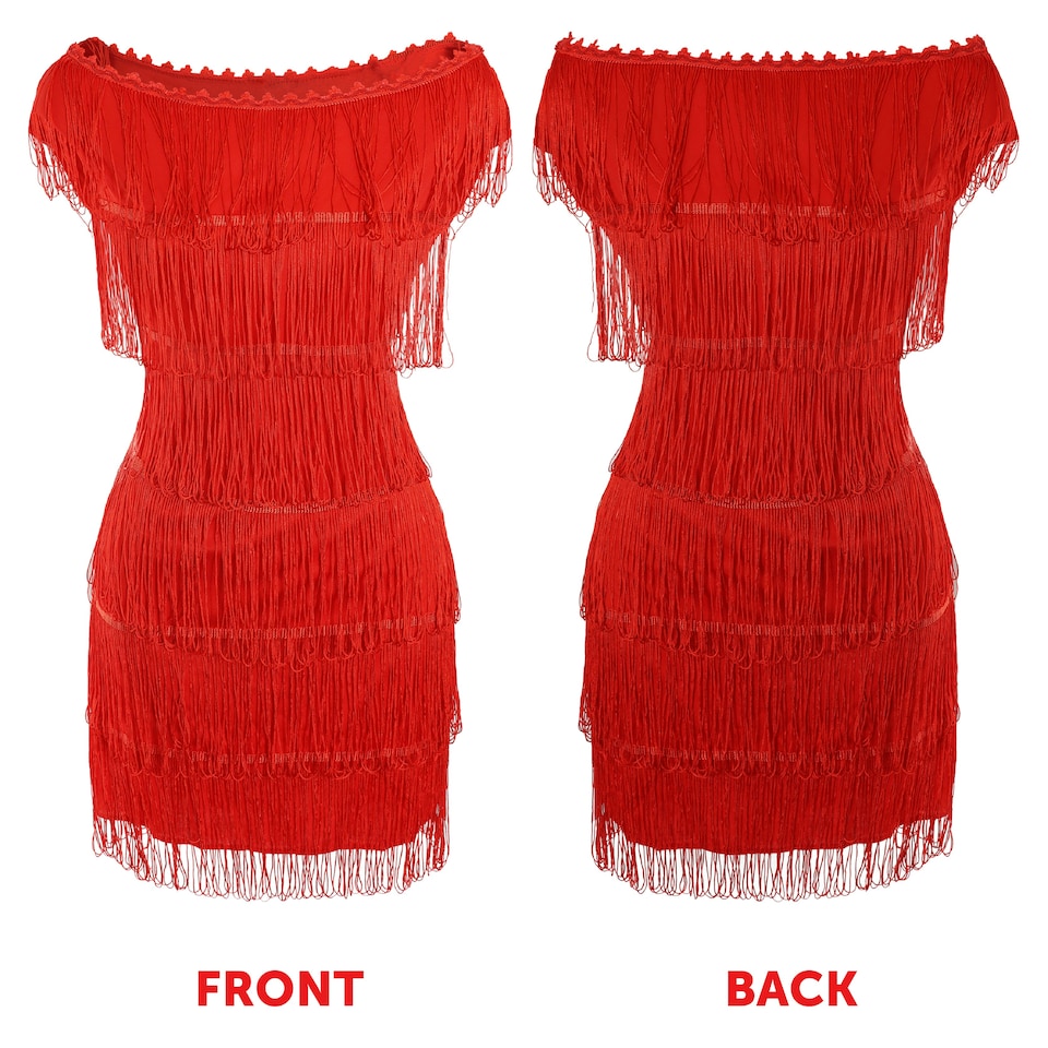 image 1 of Deluxe Red Flapper Costume with Matching Sequin Headband and Silver Pearl Necklace | Red | S