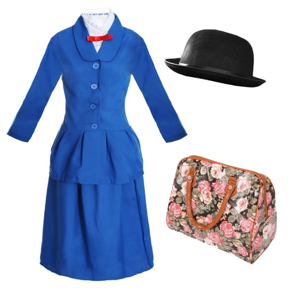 image 1 of Magical Nanny Costume - 58cm Plain Bowler Hat & Floral Bag Blue | XL