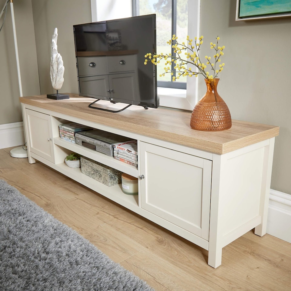 image 1 of Console TV Stand Television Unit Living Room Furniture Oak Solid | White