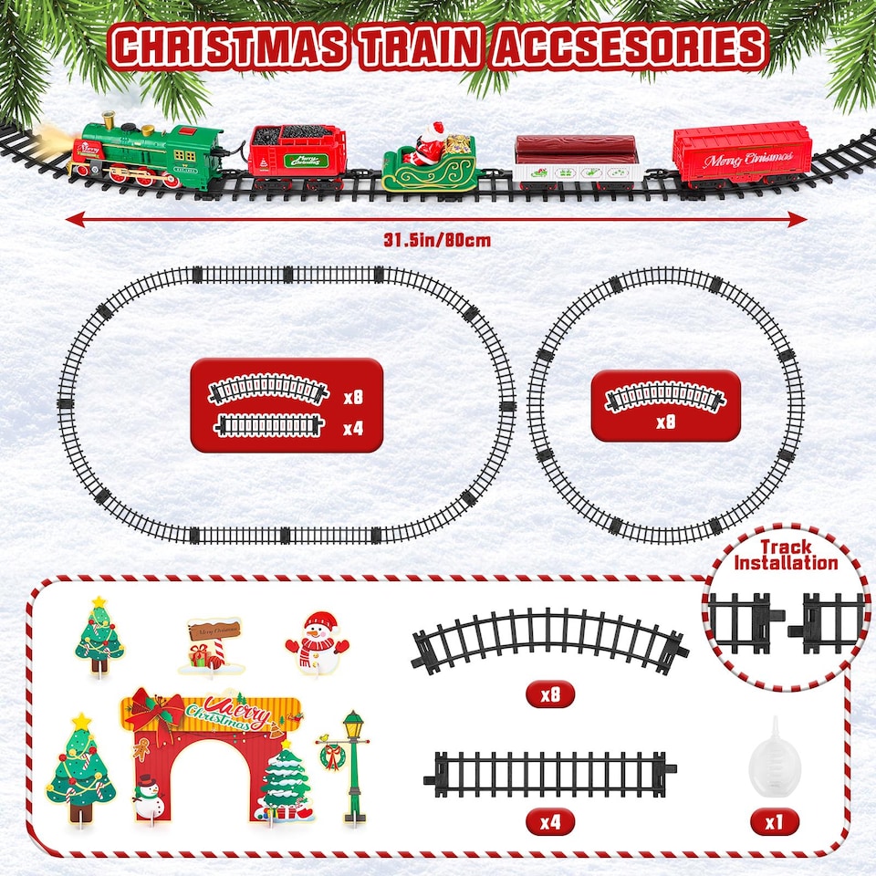 image 1 of Christmas Train Set with Steam, Lights & Music – Electric Holiday Toy Train with Realistic Smoke, 1 Locomotive + 4 Carriages + 12 Tracks