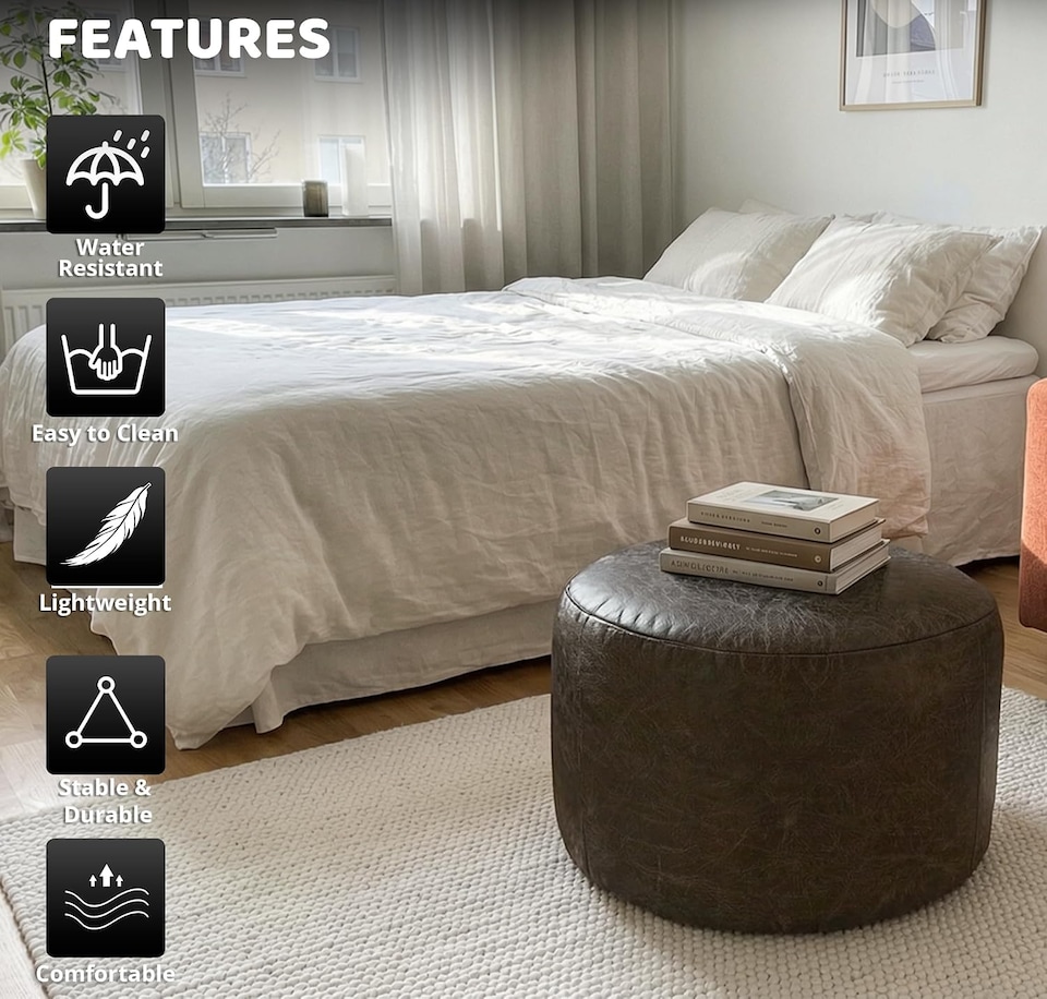 image 1 of Oval Shape PU Leather Footstool Bean Bag (Chocolate,40x30cm)