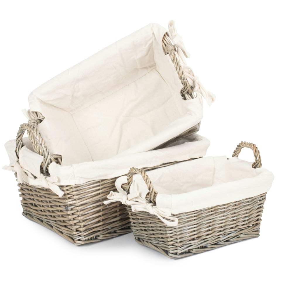 image 1 of Set of 3 Antique Wash Wicker Handled Lined Storage Basket White