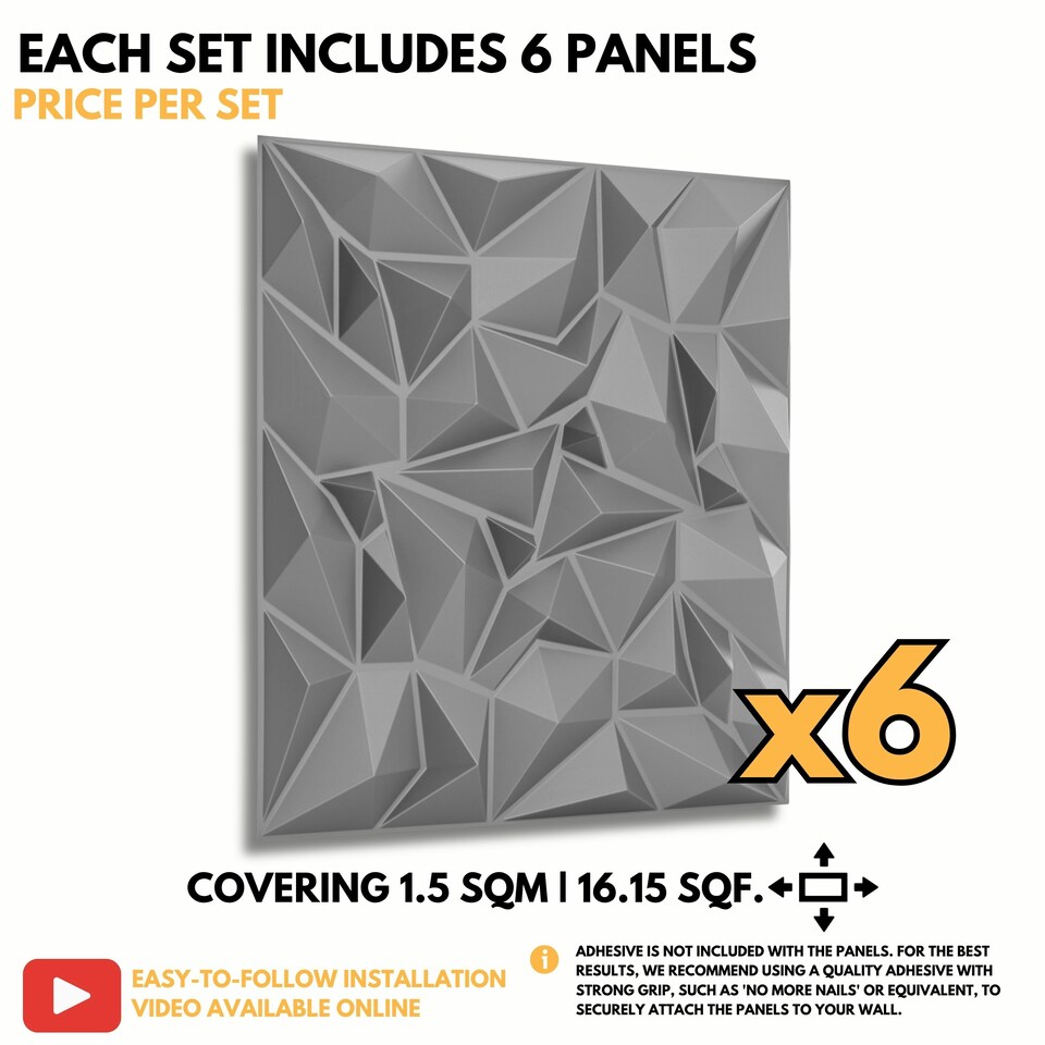 image 1 of NOVECRAFTO Diamond Effect 3D Wall Panels – 6 Sheets Covering 1.5 sqm (16.15 sqft) – Matte Interior PVC Cladding Tiles – 19.6"x19.6" Diamond Design Silver Grey