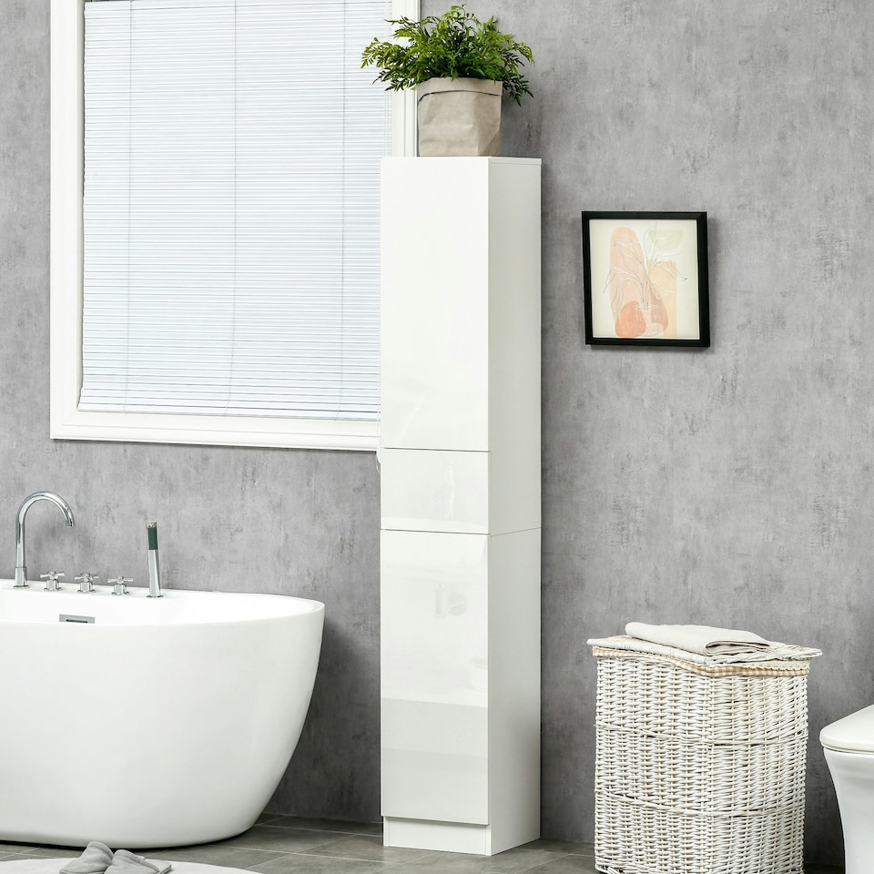 image 1 of kleankin High Gloss Tall Bathroom Cabinet with Adjustable Shelves White