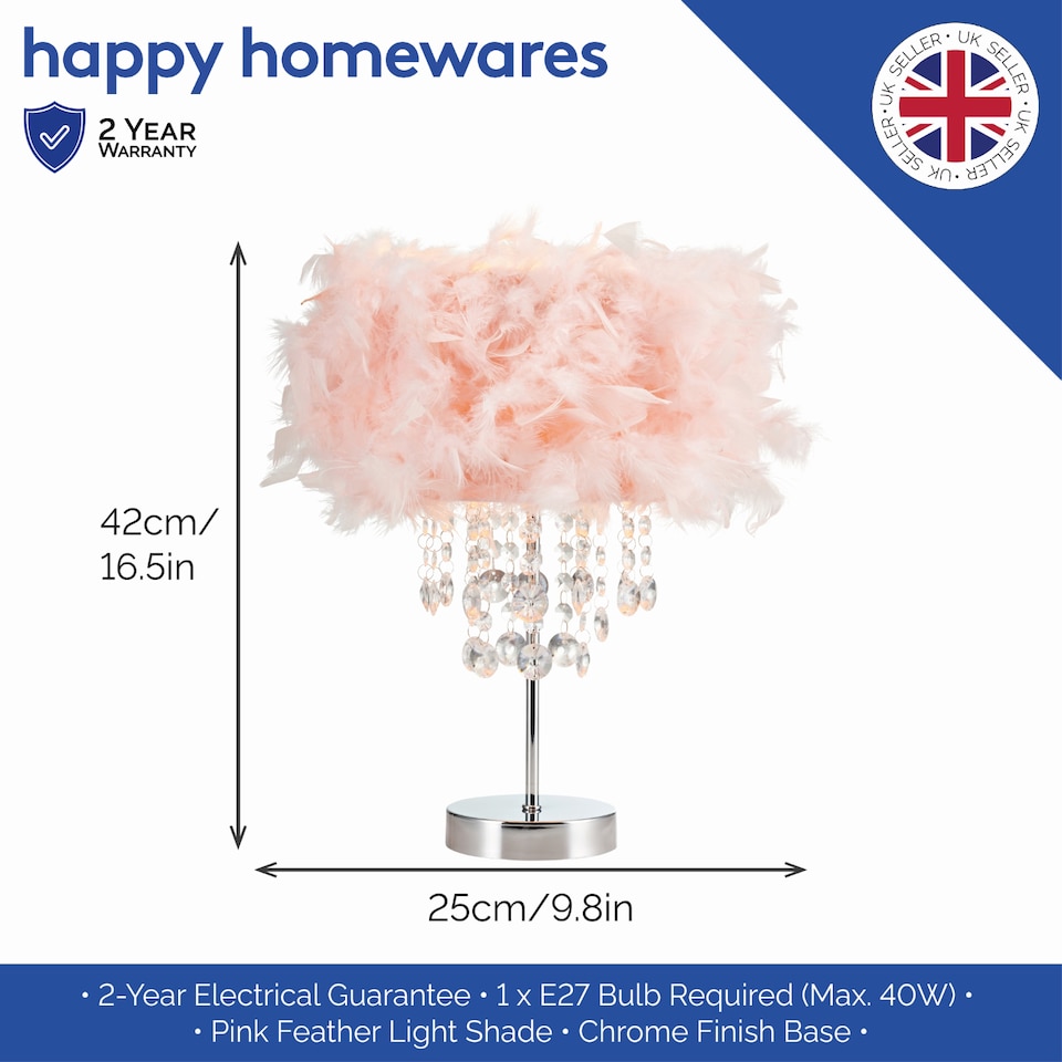 image 1 of Modern Chandelier Style Pink Feather Table Lamp with Waterfall Acrylic Droplets | Pink