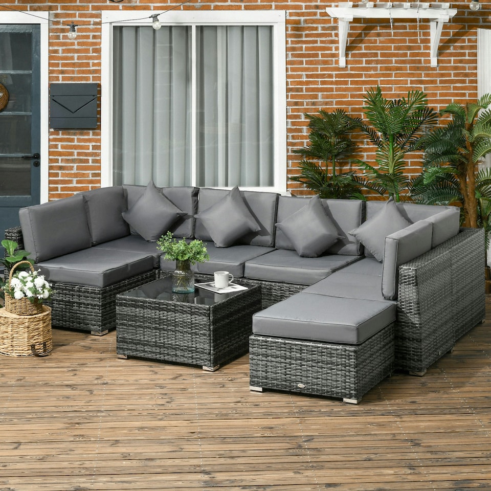 image 1 of Outsunny 8 Pieces Patio Rattan Sofa Set Outdoor Garden Furniture Set Grey