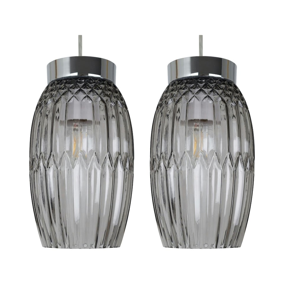image 1 of Set of 2 Facet - Chrome with Smoke Faceted Glass Pendant Shades Clear | Chrome