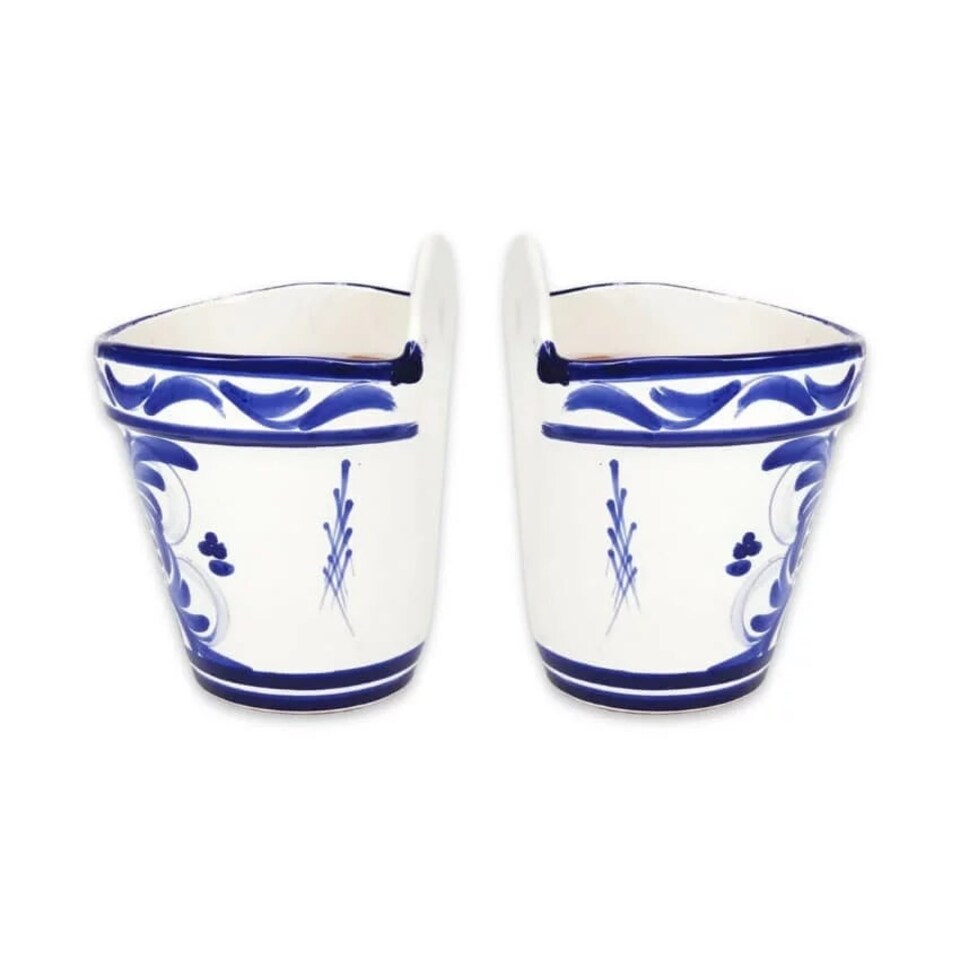 image 1 of Verano Spanish Ceramics Set of 2 Hanging Plant Pots - 22cm Blue Floral Blue