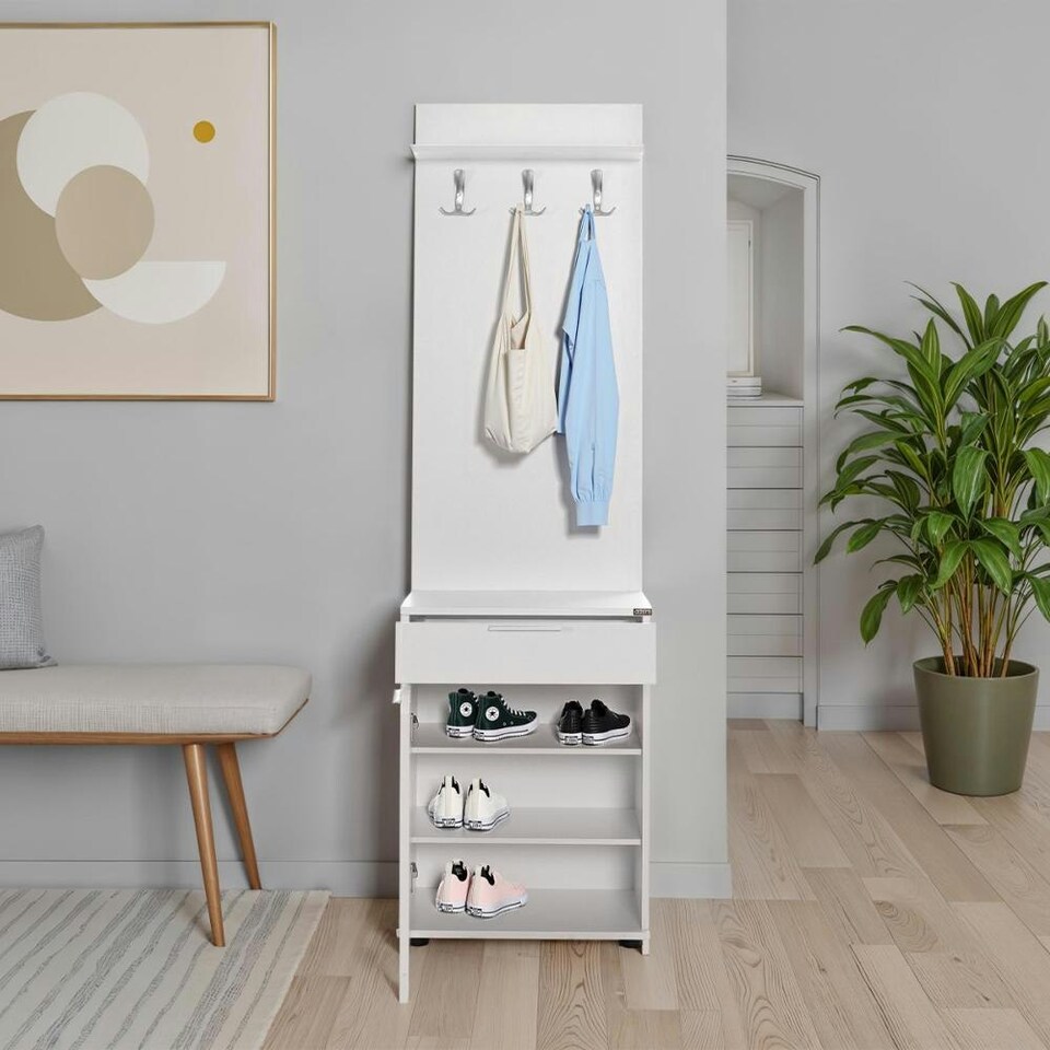 image 1 of Adore White Hall Stand with Drawer, Hooks & Shoe Cupboard - Entryway Organiser White
