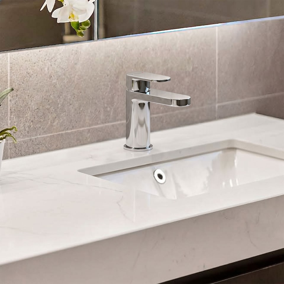 image 1 of Balterley Current Round Mini Mono Basin Mixer Tap with Lever Handle & Push Button Waste