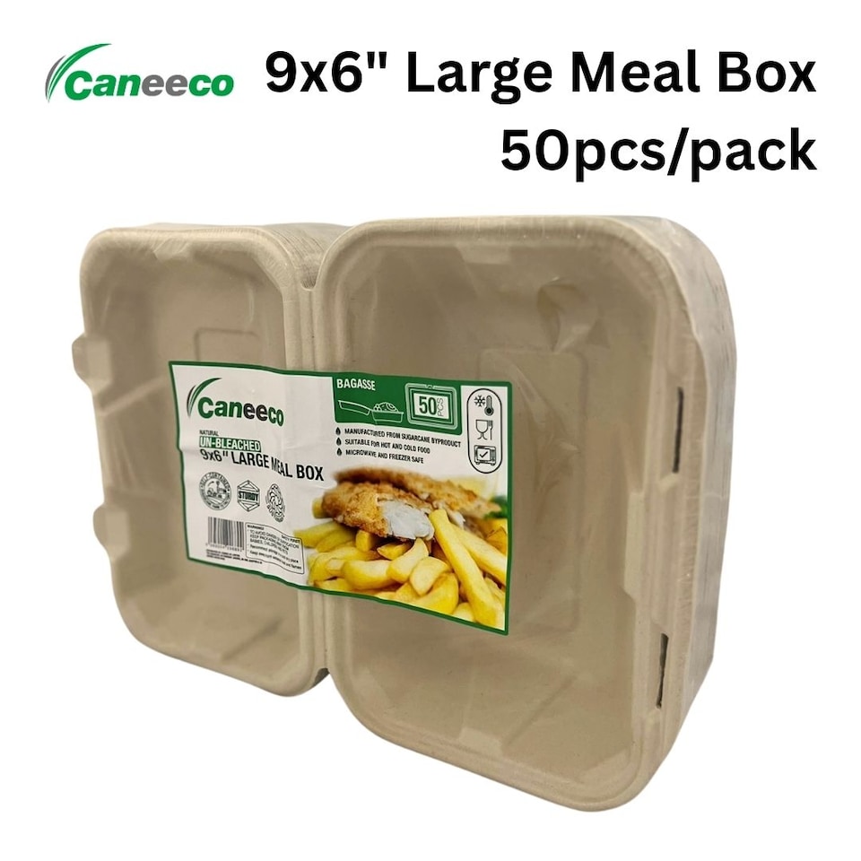 image 1 of Bagasse Sugarcane Takeaway Meal Boxes 9x6 Clamshell Food Containers TUV Home Compostable Certified, Unbleached, PFAS Free & Sturdy for Hot & Cold Food, Restaurants, BBQs Parties