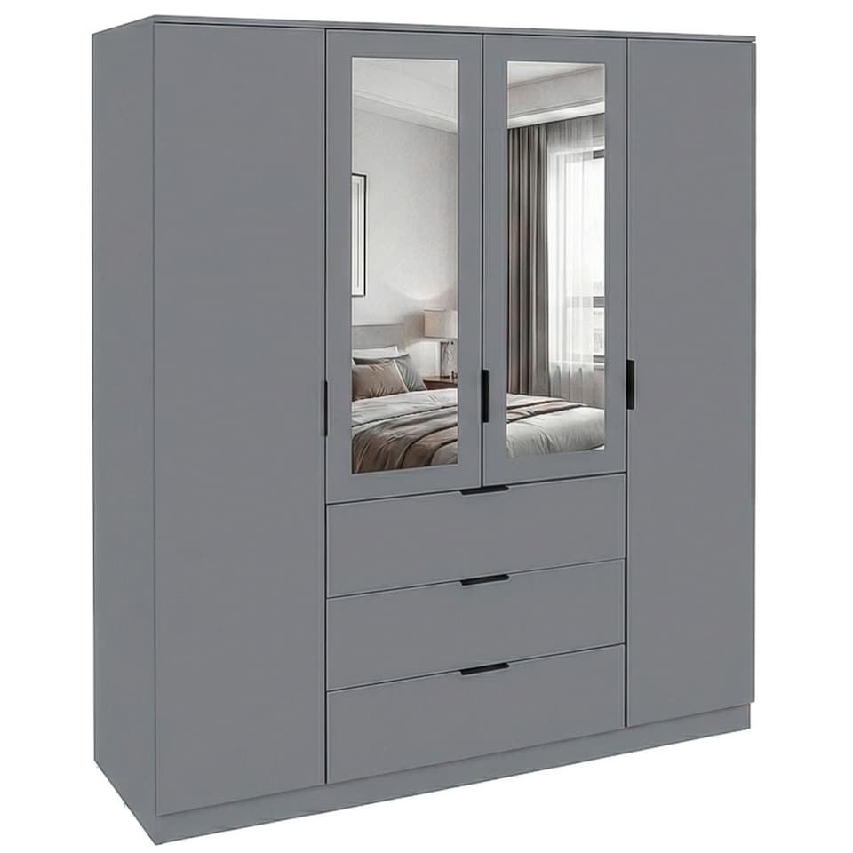 image 1 of Vida Designs Trega 4 Door 3 Drawer X-Large Mirrored Modern Wardrobe Unit, Grey