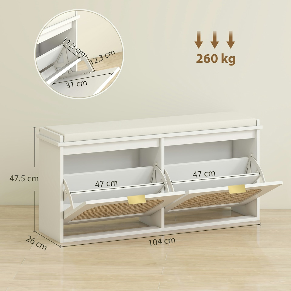 image 1 of HOMCOM Boho Shoe Bench with Padded Seat and 2 Flip-Drawers White
