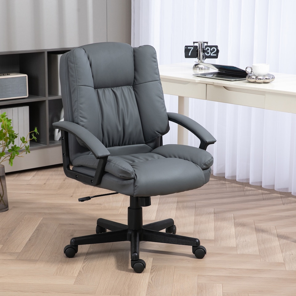 image 1 of HOMCOM Desk Chair, PU Leather Office Chair with Adjustable Height and Swivel Wheels, for Home Work Study, Dark Grey