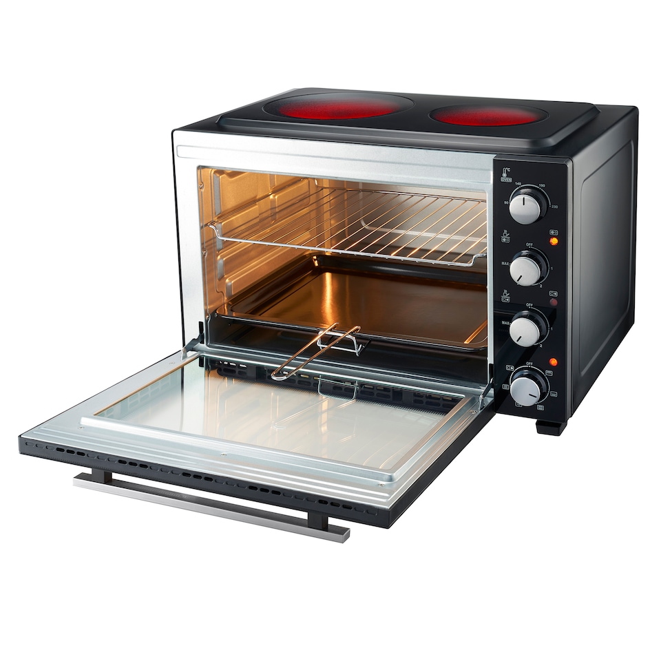 image 1 of Cooks Professional 48L Mini Portable Oven with 2 Ceramic Hobs - Electric Portable Countertop Cooker | Black | Black & Silver