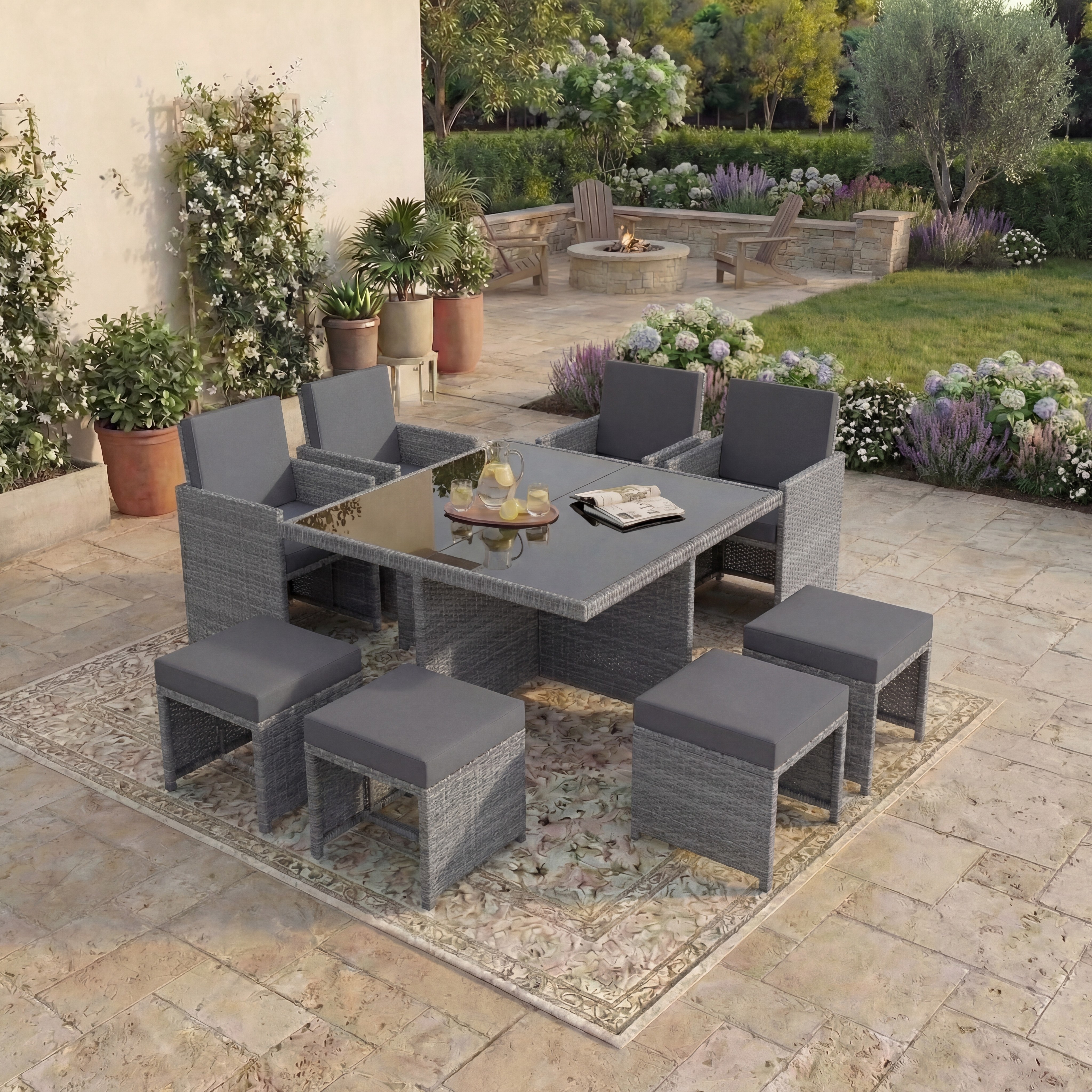 Garden Vida Cuba 8 Seater Rattan Set Folding Chair Stool Dining Table Outdoor Garden Furniture, Grey