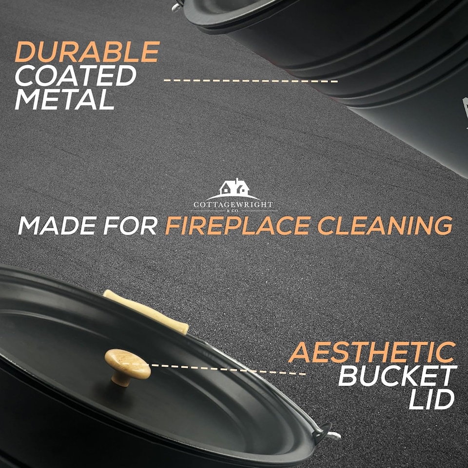 image 1 of Metal Ash Bucket with Lid and Fireside Companion Set Coal Shovel and Brush Kit
