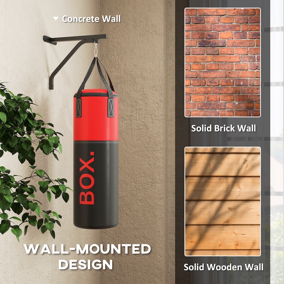 image 1 of SPORTNOW Unfilled Punch Bag with Boxing Gloves and Wall Mounted Bracket | Red | Black and Red