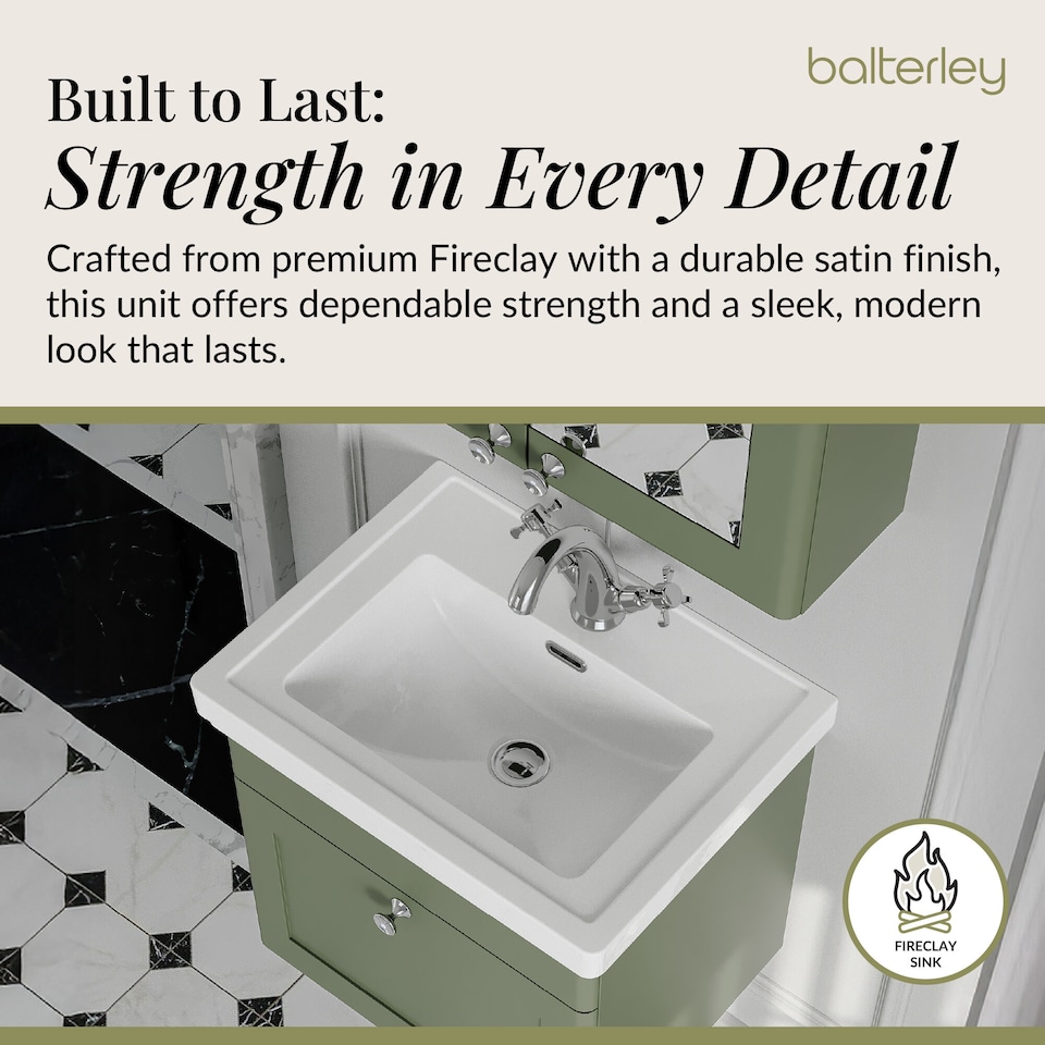 image 1 of Bathroom Wall Hung 1-Drawer Vanity Unit & Fireclay Basin, Green, 500mm | Green | Satin Green | 406 x 531 x 496mm