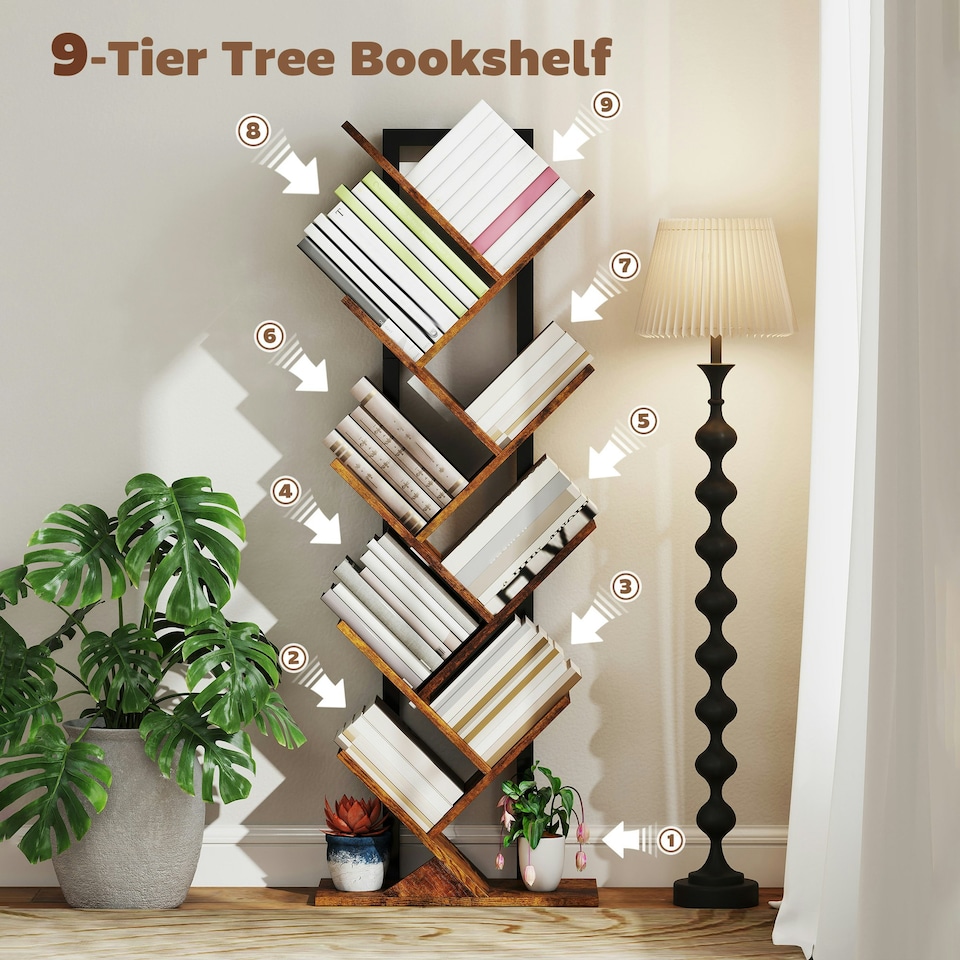 image 1 of HOMCOM 9-Tier Tree Bookshelf with Steel Frame for Living Room, Rustic Brown