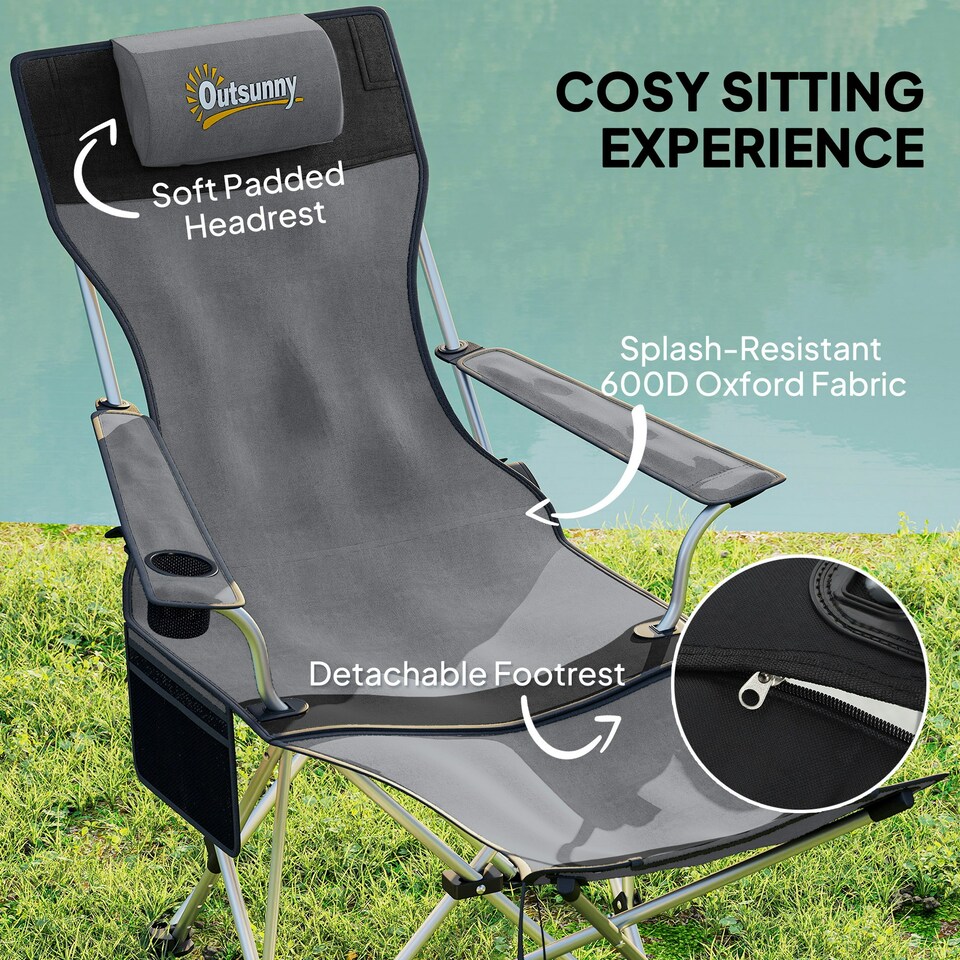 image 1 of Outsunny Set of 2 Reclining Camping Chairs Green | Olive Green, Grey