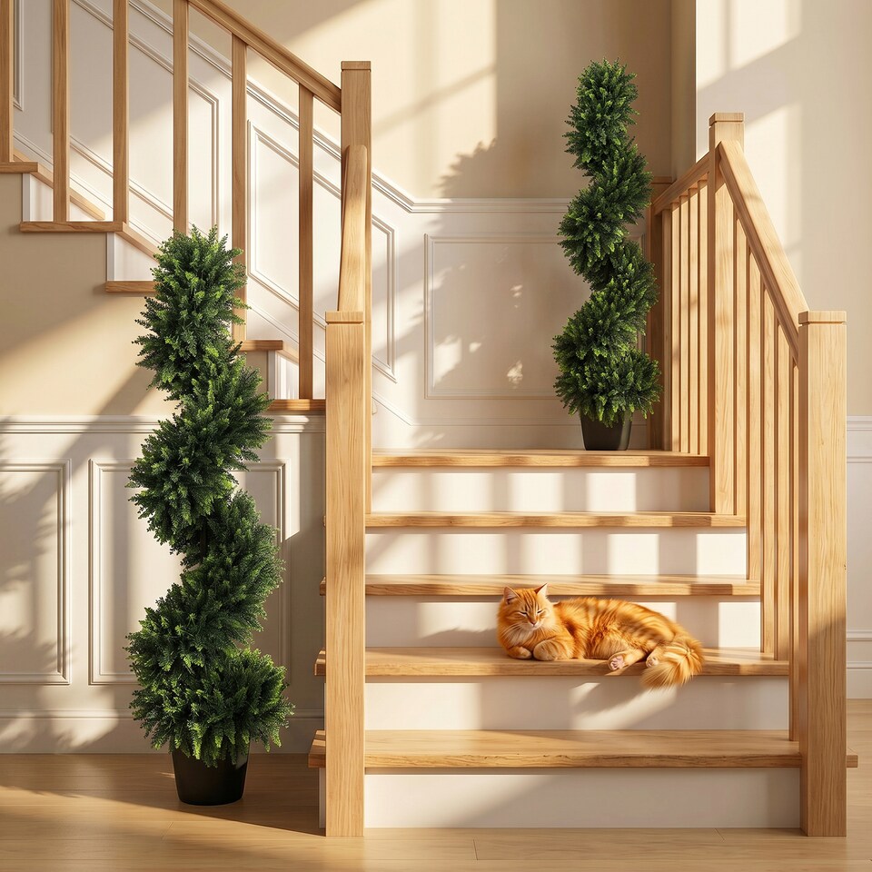 image 1 of Artificial Cypress Topiary Tree with 700 Leaves, Set of 2