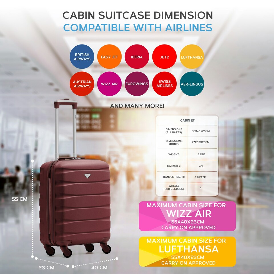 image 1 of Flight Knight 55x40x23cm Cabin Bag, Suitcase for Lufthansa & Over 30 Airlines Including British Airways, EasyJet - Lightweight 4 Wheel Carry On Suitcase | Red | Burgundy | Cabin Bag