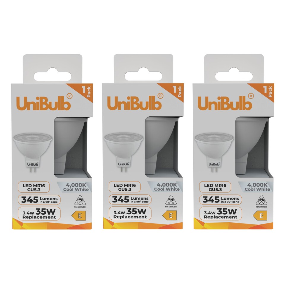 image 1 of UniBulb LED MR16 GU5.3 345lm 3.4W (Replaces 35W) 4000K (Cool White) Spot Downlight Ceiling Light Bulb - Pack of 3 | White | Cool White | 3