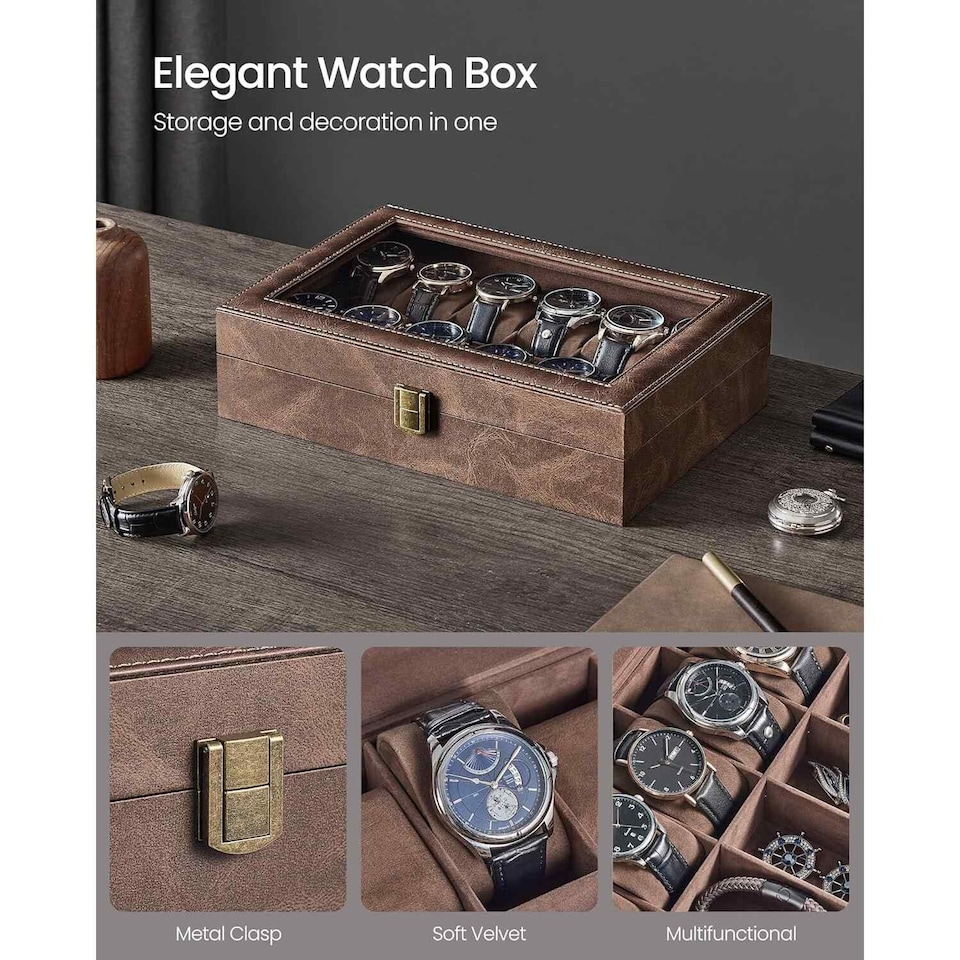 image 1 of 12 Slot Watch Storage Box with Glass Lid, Display Case with Removable Watch Pillows, Coffee Brown Synthetic Leather