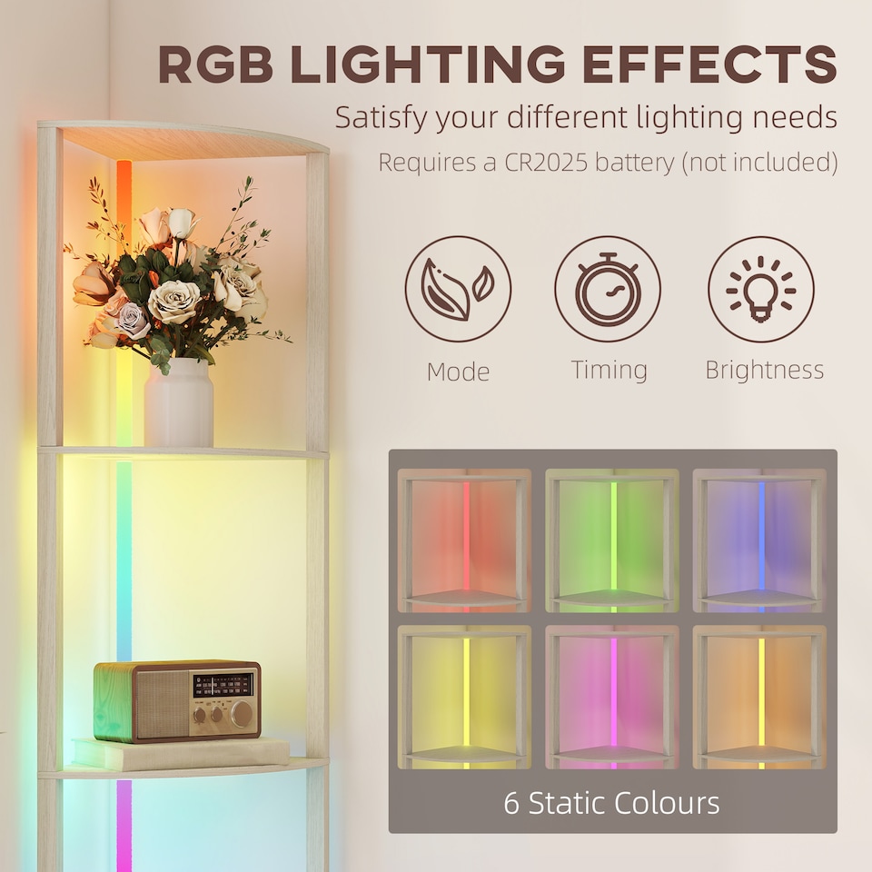 image 1 of HOMCOM RGB LED Floor Lamp with Shelves, 5-Tier Dimmable Standing Lamp with Adjustable Brightness and Remote Control, Modern Corner Display Shelf Unit for Living Room Bedroom Office, Oak | White