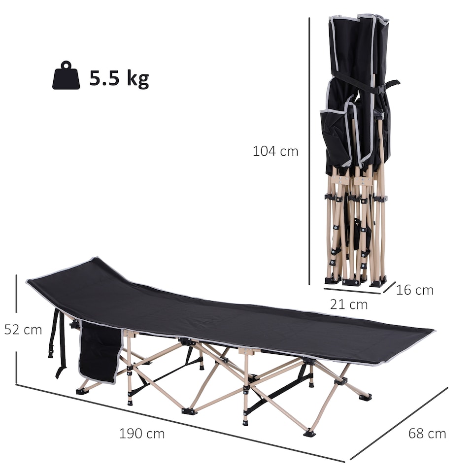 image 1 of Outsunny Single Person Camping Bed Folding Cot Outdoor Patio Portable Military Sleeping Bed Travel Guest Leisure Fishing with Side Pocket and Carry Bag - Black