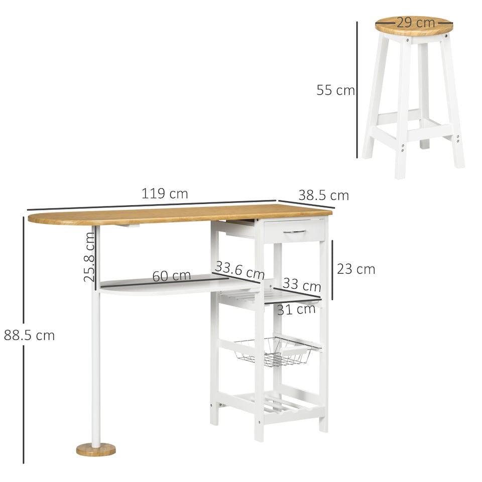 image 1 of HOMCOM 3 Piece Bar Table Set, Breakfast Bar table and Stools with Storage Shelf, Drawer, Wire Basket and Wine Rack for Kitchen, Home Bar, Natural and White
