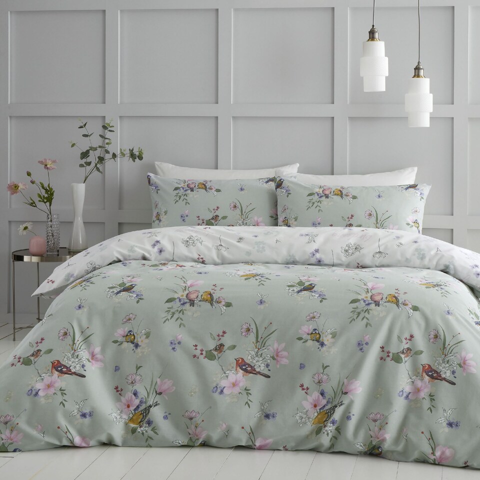 image 1 of Songbird Reversible Duvet Cover Set | Green | Sage Green | King