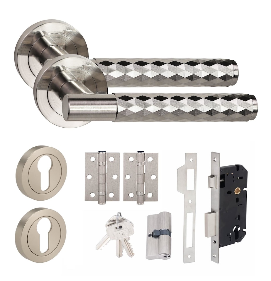 image 1 of Golden Grace 1 Set Knurled Diamond Cut T-Bar Euro Lock Door Handle Set Satin Nickel Finish with Barrell Key 70mm