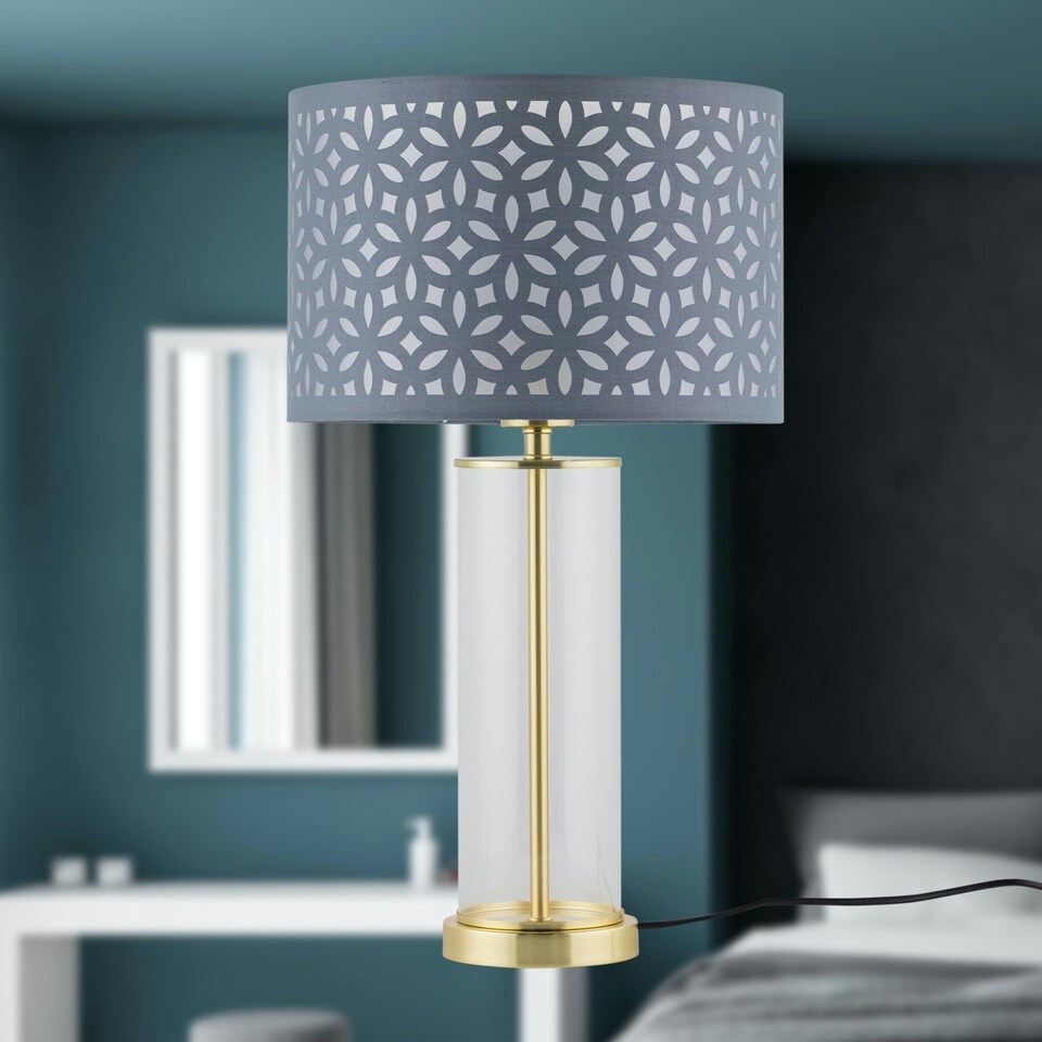 image 1 of Aura - Satin Brass Table Lamp with Grey Cut Out Shade Bronze | Grey