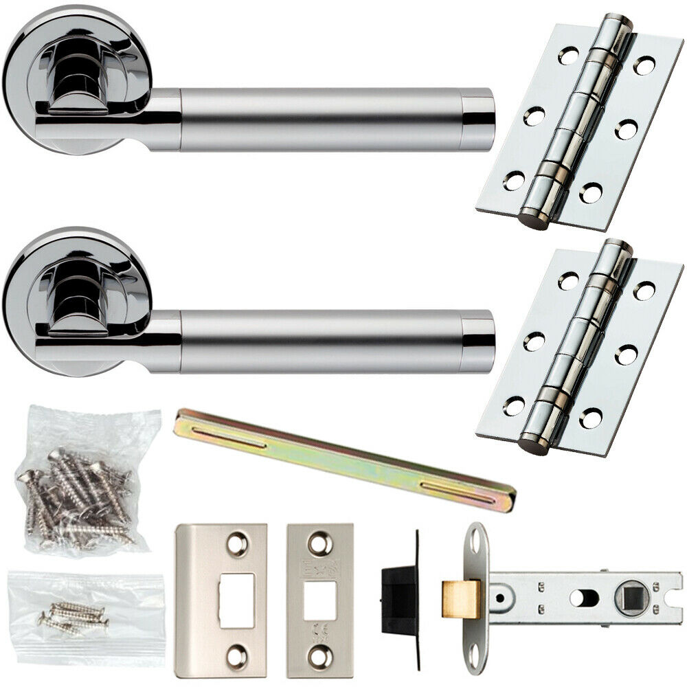 Loops Door Handle & Latch Pack Chrome & Satin Nickel Modern Screwless Round Rose in Metallics