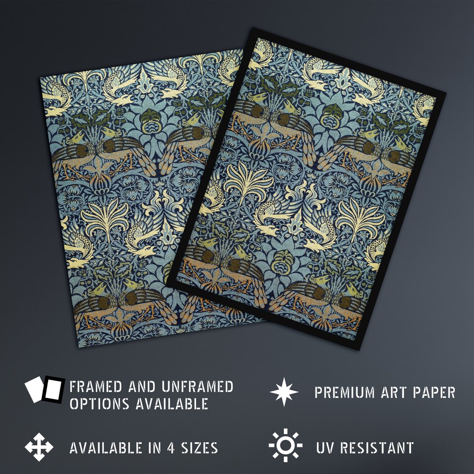 image 1 of Peacock and Dragon Pattern Vintage Framed Wall Art Print William Morris 12x16"