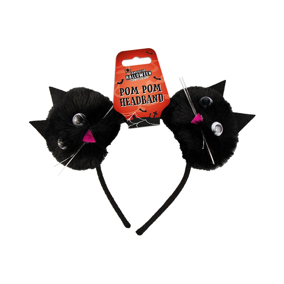 Halloween Fancy Dress Headband | Black Cat or Bat Pompom Headband with Googly Eyes | Halloween Costume Accessory for Parties, Trick or Treat & Fancy Dress Events
