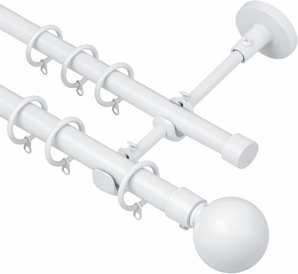 image 1 of Lister Cartwright Double Curtain Extendable Pole Set with White Ball Finials- 19mm & 28mm Metal Poles(120- 320 cm)