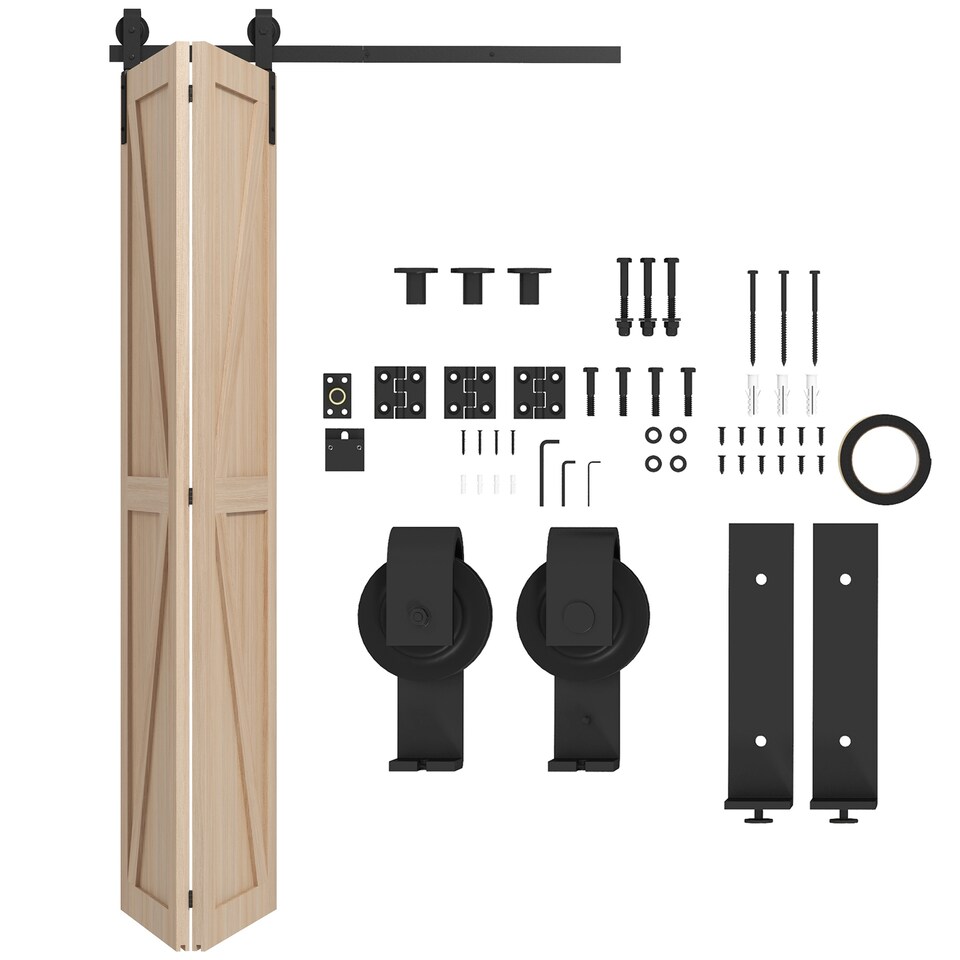 image 1 of HOMCOM 4FT 122CM Bi-Folding Sliding Barn Door Hardware Track Kit, Heavy Duty Sliding Door Kit for 2 Doors with J Shape Hanger | Black | Black