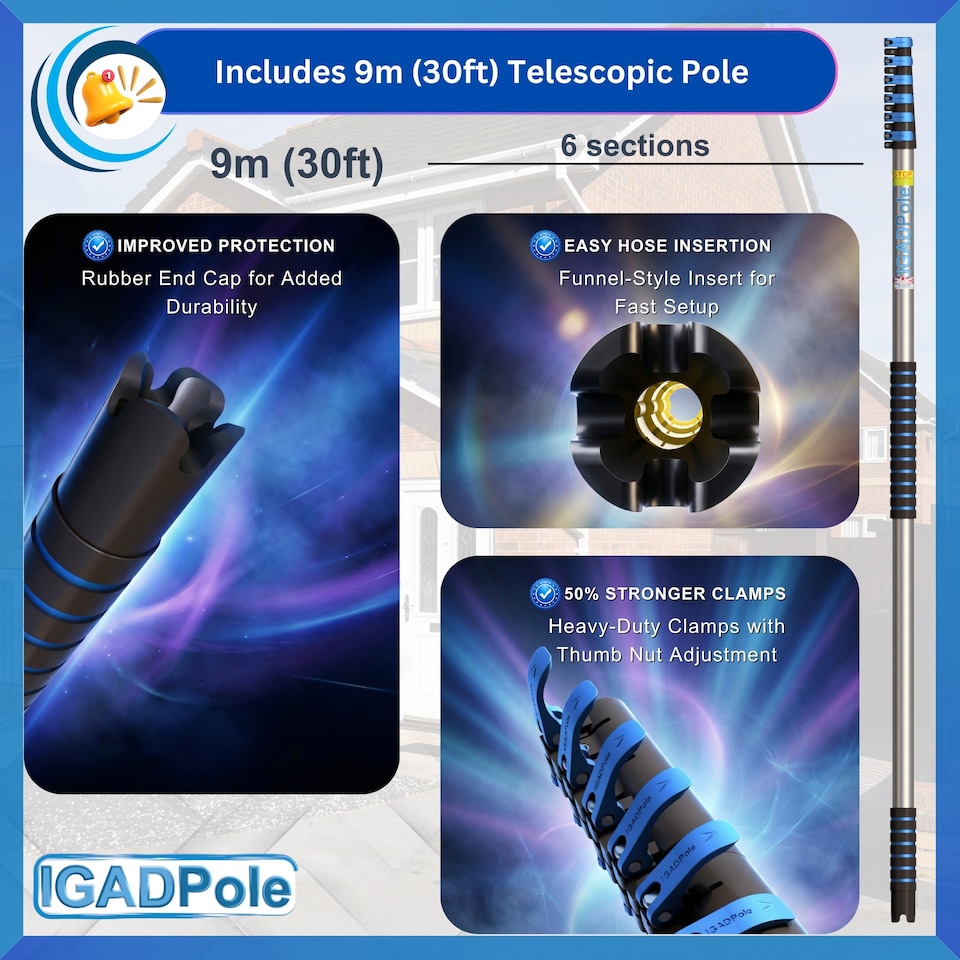 image 1 of IGADPole 9m (30ft) Water-Fed Pole Cleaning Kit – Includes Water-fed Brush, Cobweb & Microfibre Duster, Soap Dispenser & Hose Tap