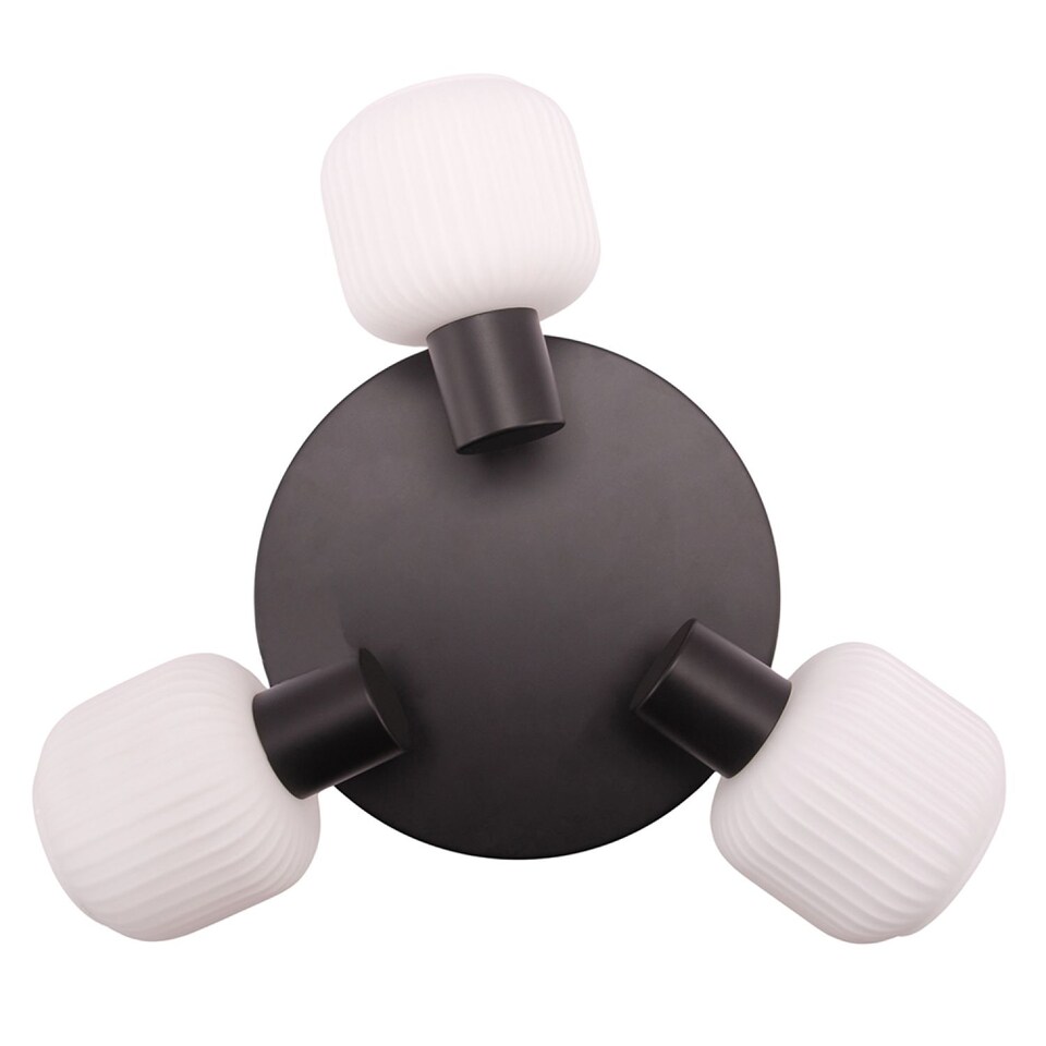 image 1 of Modern Designer Matte Black Spot Ceiling Light with White Ribbed Glass Shades