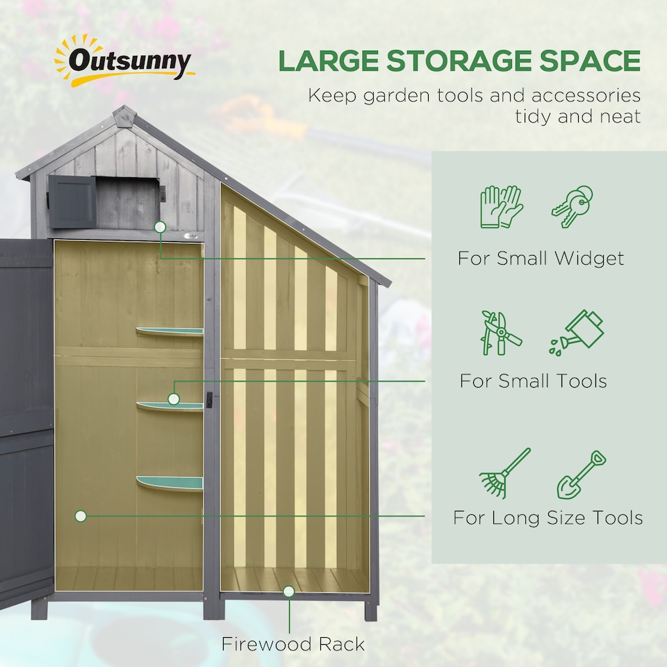 image 1 of Outsunny Wooden Garden Storage Shed with 3 Shelves, Outdoor Garden Tool Storage Cabinet with Tilt Roof, Firewood Rack Log Carrier, 129 x 51.5 x 180cm, Grey