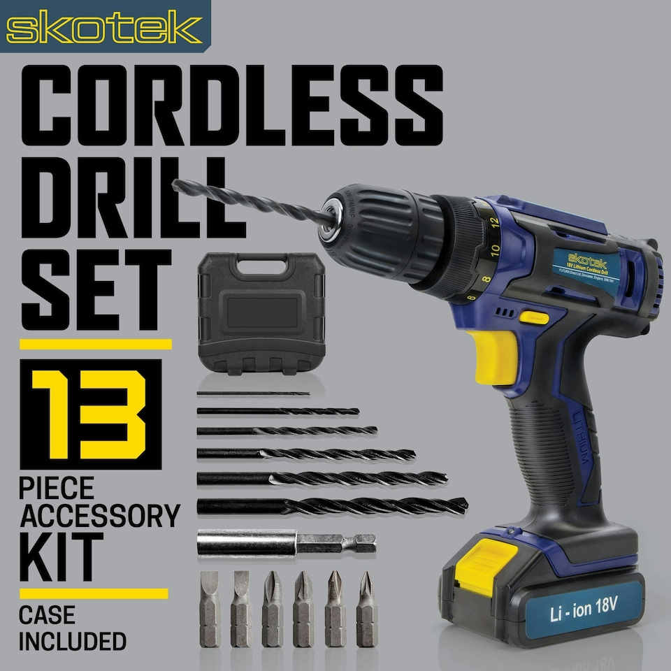 image 1 of Skotek 18V Cordless Drill & 13 Piece Screwdriver Set Including Battery, Charger & Carry Case