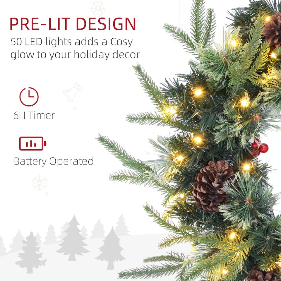 image 1 of HOMCOM 60cm Christmas Wreath with LED Lights Pine Cones Red Berries Green