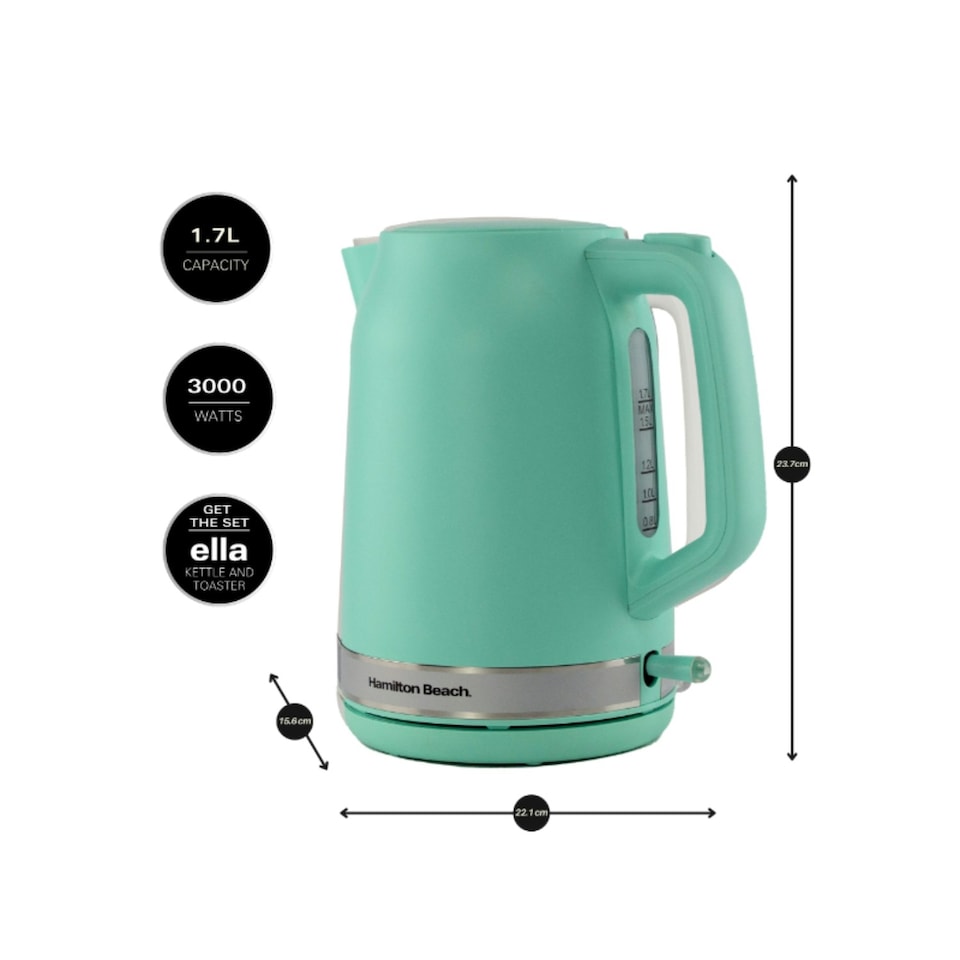 image 1 of Hamilton Beach Kettle, Toaster & Microwave Set, Ella, 1.7L Electric Kettle, Wide Slot Toaster 2 Slice, Microwave, 20L Retro, Kettle & Toaster Set, Mint