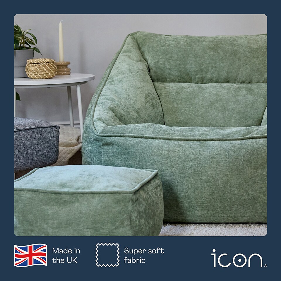 image 1 of Natalia Chenille Adults Bean Bag Armchair and Pouffe, Ready Filled Large Beanbag and Footstool Sage Green | Green | Sage Green | 2