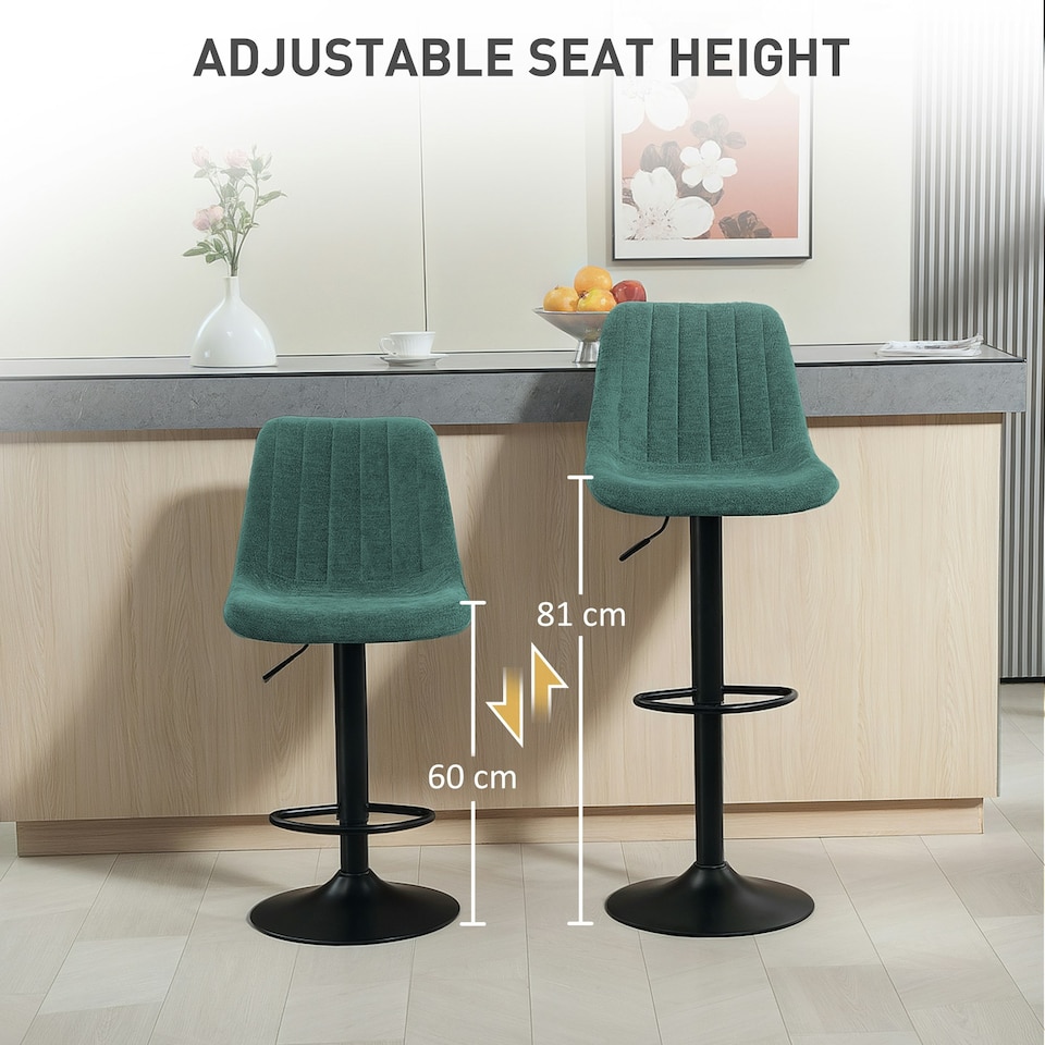 image 1 of HOMCOM Bar Stools Set of 2 Adjustable Swivel Bar Chairs with Backrest Green