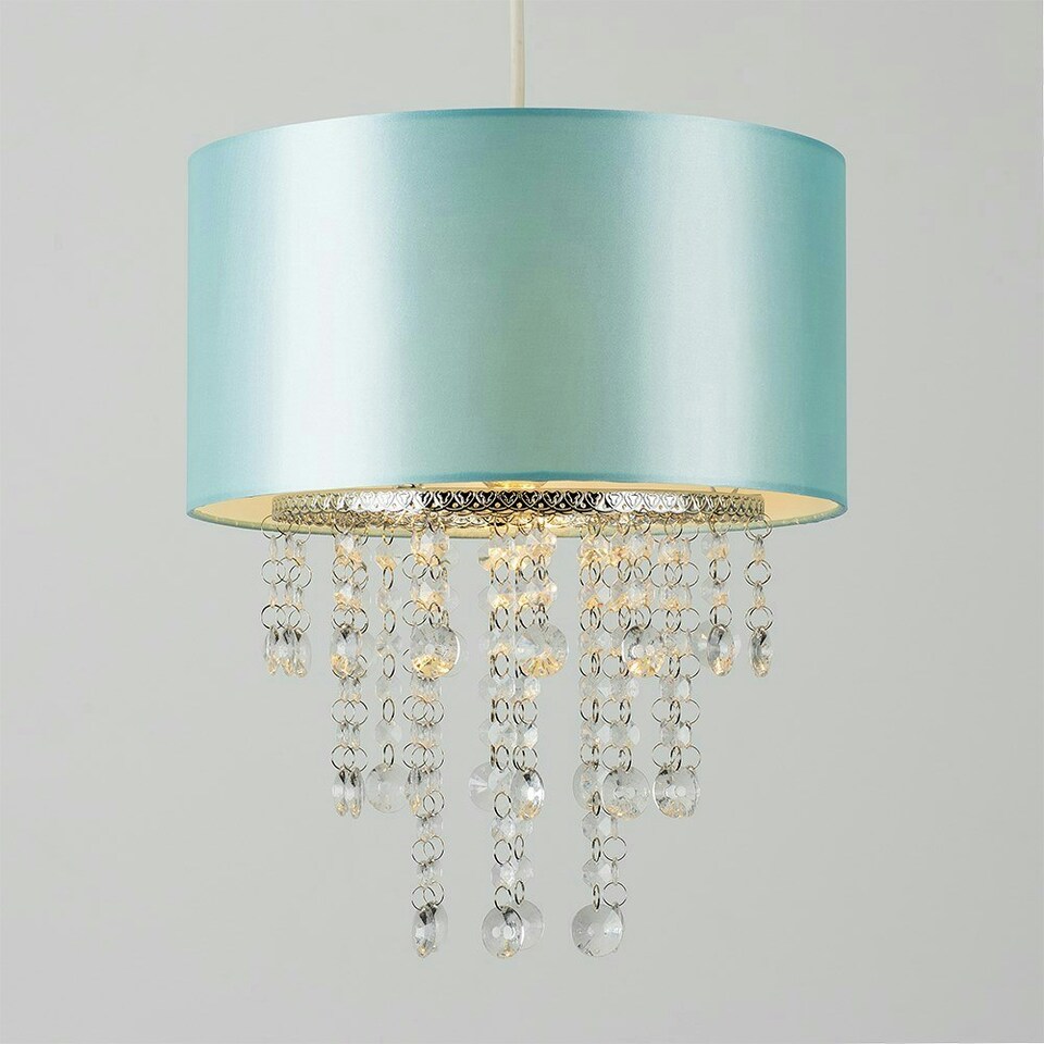 image 1 of ValueLights Duck Egg Blue Cylinder Ceiling Pendant Light Shade with Clear Acrylic Jewel Effect Droplets - Complete with a 6w LED GLS Bulb 3000K Warm White